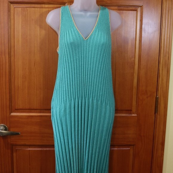 Vintage 90s Teal Green Ribbed Knit V-Neck Midi Dress (Size 14) - Bodycon Belted - Picture 5 of 15